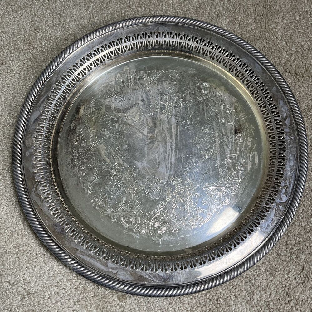 VTG Wm.‎ Rogers #170 Etched Round Silver Plate Pierced Serving Beverage Tray 12"